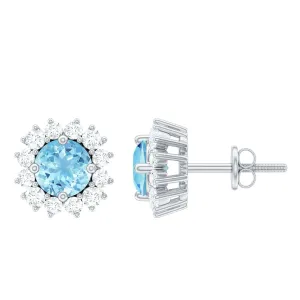 1 CT Classic Aquamarine and Diamond Halo Stud Earrings