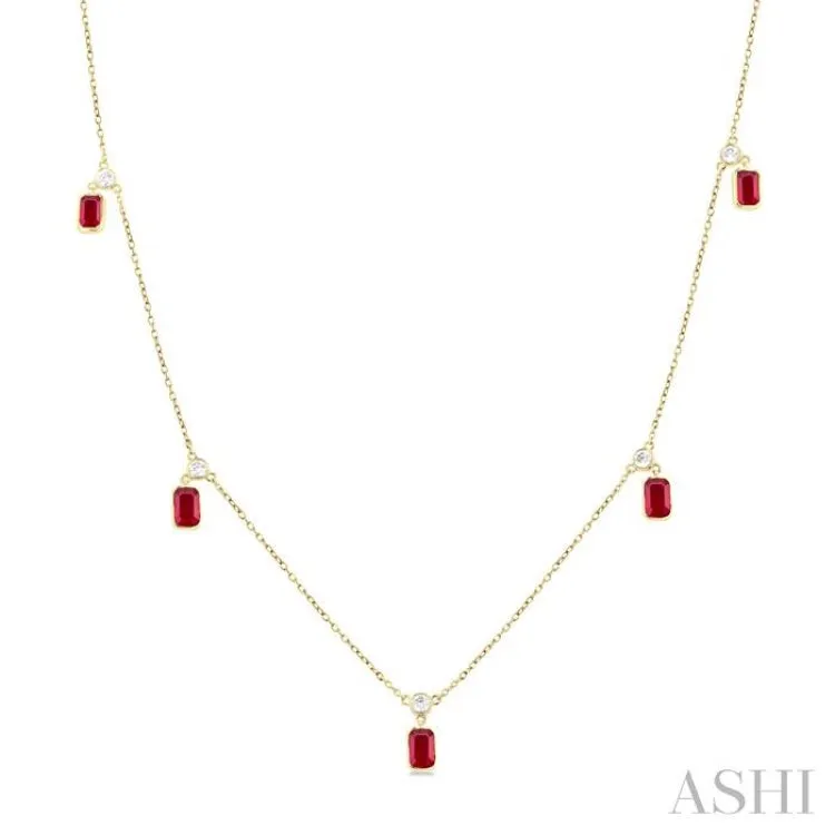 1/4 ctw Round Cut Diamonds and 5X3MM Octagonal Shape Ruby Precious Station Necklace in 14K Yellow Gold