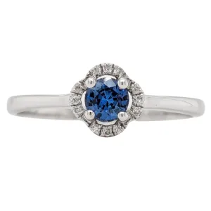 14K 1/4CT Round Blue Sapphire Clover Diamond Halo Ring