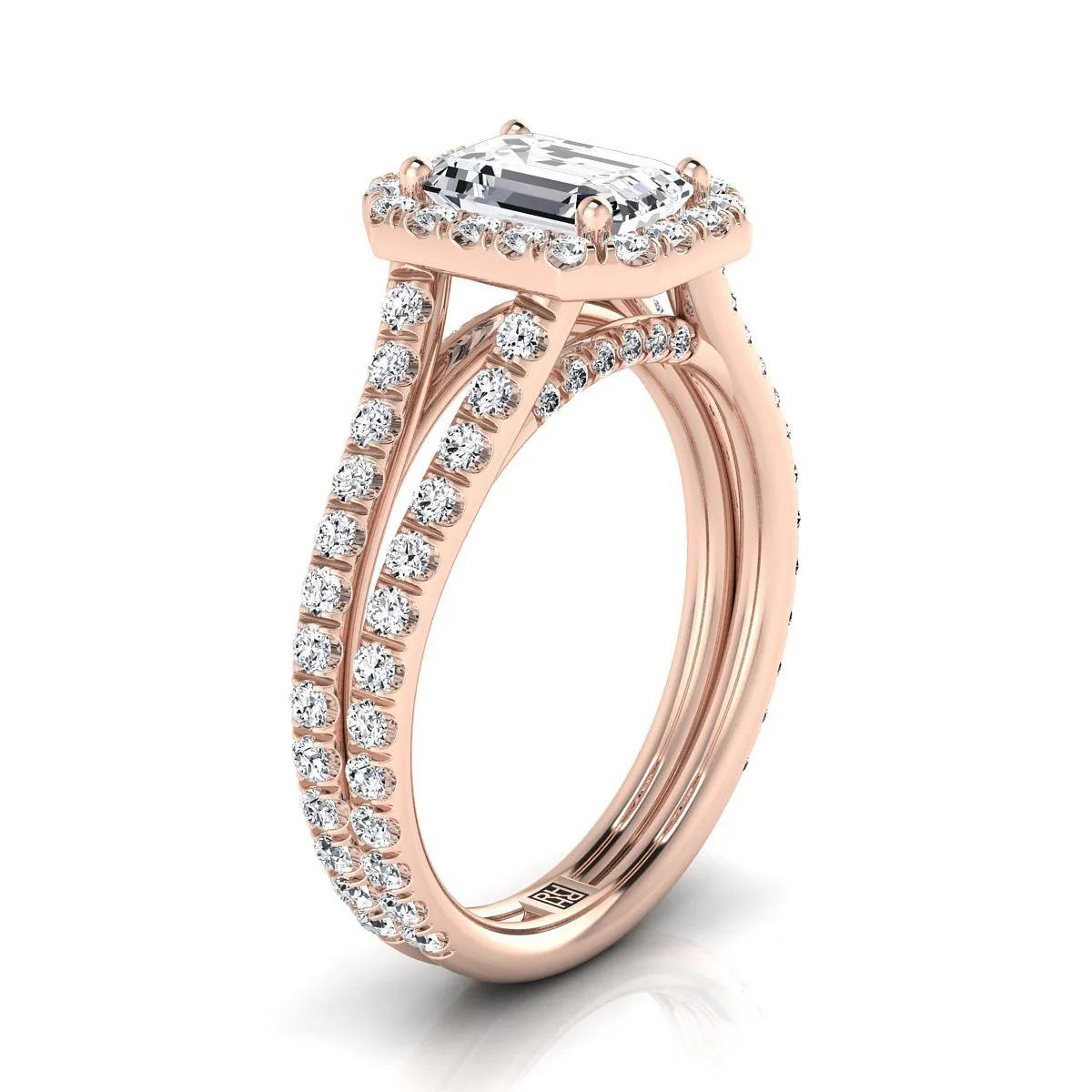 14K Rose Gold Emerald Cut Diamond Halo Two Row Pavé Split Shank Engagement Ring -7/8ctw