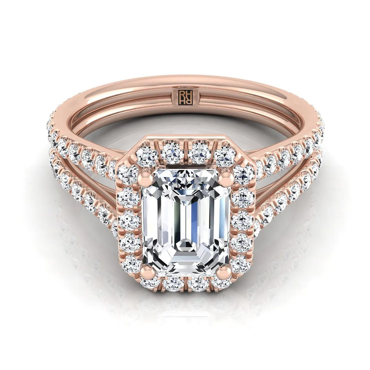 14K Rose Gold Emerald Cut Diamond Halo Two Row Pavé Split Shank Engagement Ring -7/8ctw