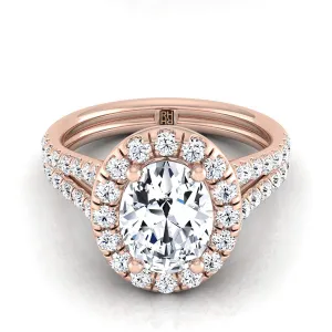 14K Rose Gold Oval Diamond French Pave Split Shank Halo Engagement Ring -5/8ctw