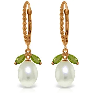 14K Solid Rose Gold Leverback Earrings Peridot & Pearl