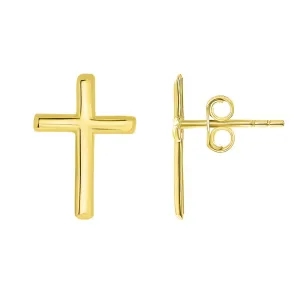 14k Yellow Gold Classic Religious Plain Cross Stud Earrings with Friction Back