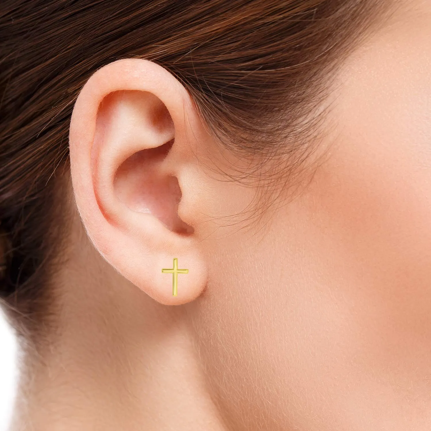 14k Yellow Gold Classic Religious Plain Cross Stud Earrings with Friction Back