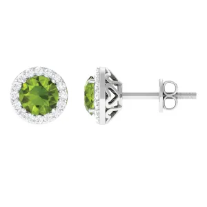 1.5 CT Classic Peridot and Diamond Halo Stud Earrings