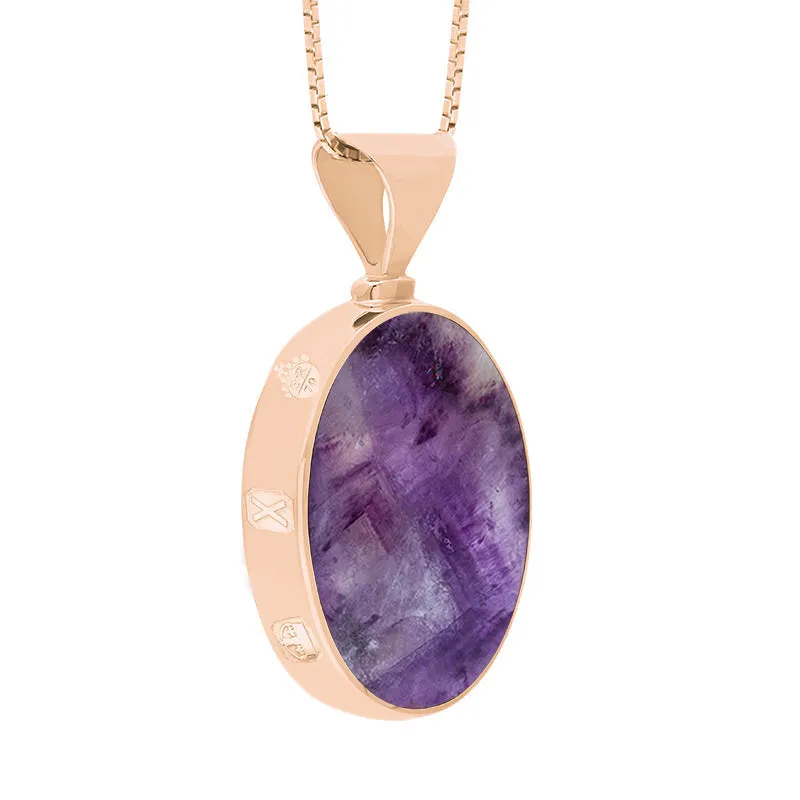 18ct Rose Gold Blue John Mother of Pearl Queens Jubilee Hallmark Double Sided Oval Necklace