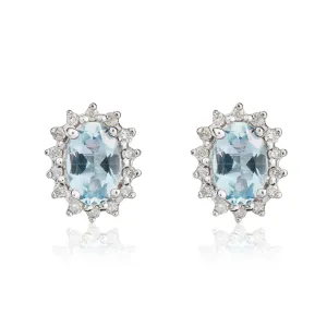 9K White Gold Oval Aquamarine & Diamond Halo Stud Earrings