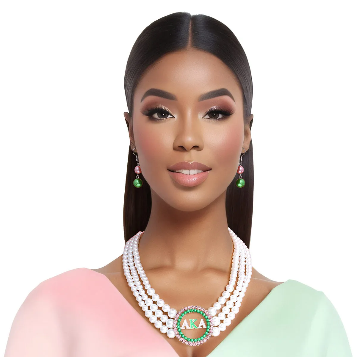 AKA Alpha Kappa Alpha Inspired Pearl Necklace Pink Green AKA Set