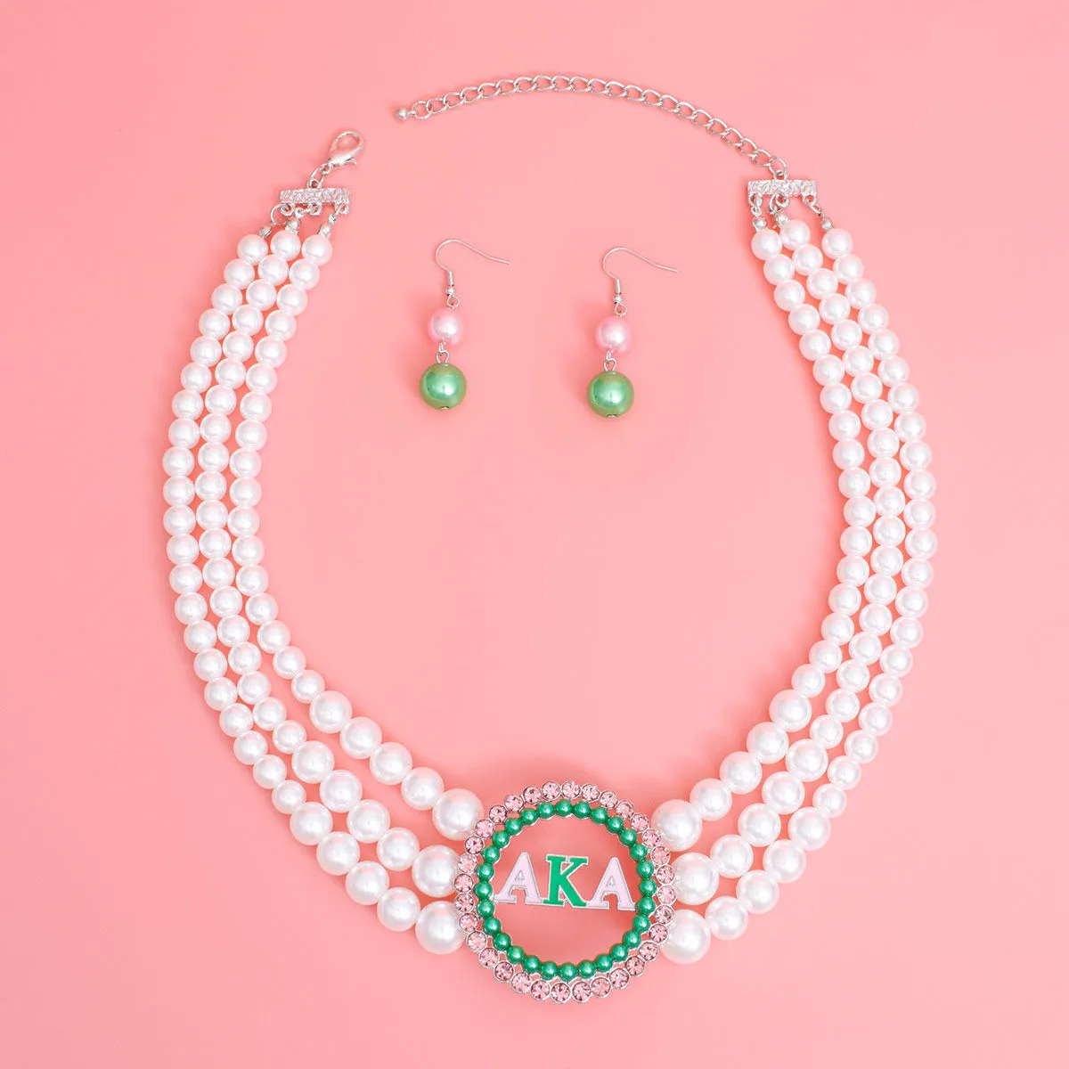 AKA Alpha Kappa Alpha Inspired Pearl Necklace Pink Green AKA Set