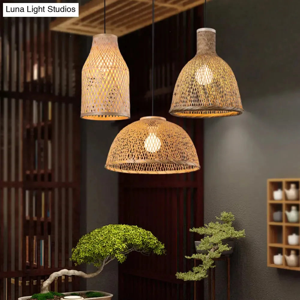 Asia Bamboo Pendant Lamp - 1-Light Beige Suspended Fixture for Dining Room