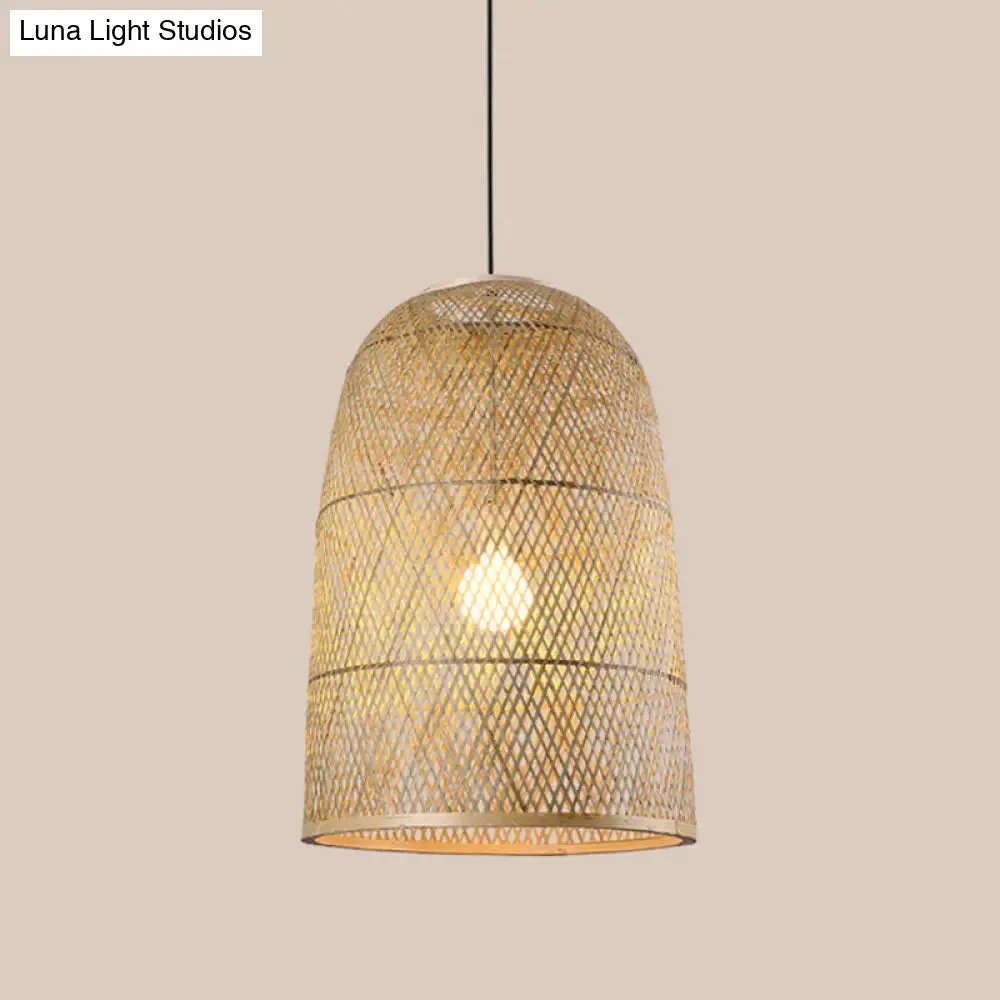 Asia Bamboo Pendant Lamp - 1-Light Beige Suspended Fixture for Dining Room