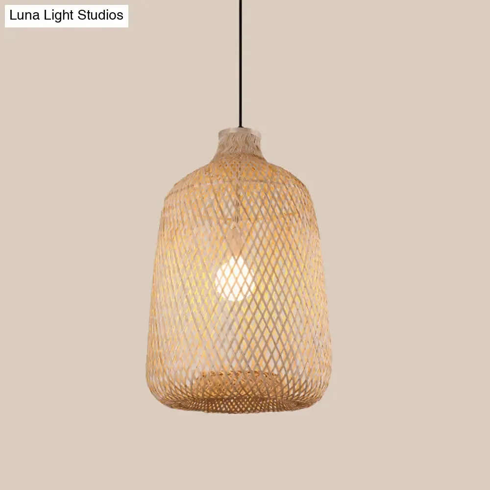 Asia Bamboo Pendant Lamp - 1-Light Beige Suspended Fixture for Dining Room