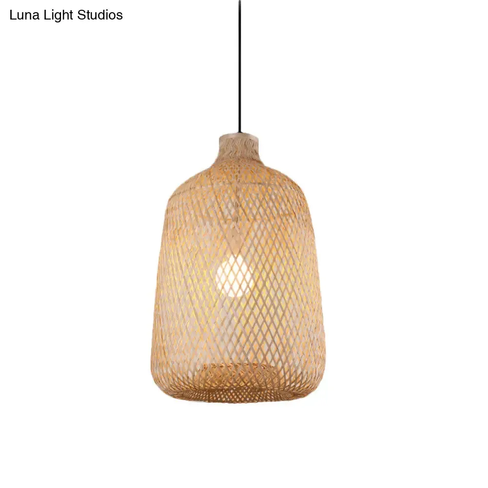 Asia Bamboo Pendant Lamp - 1-Light Beige Suspended Fixture for Dining Room