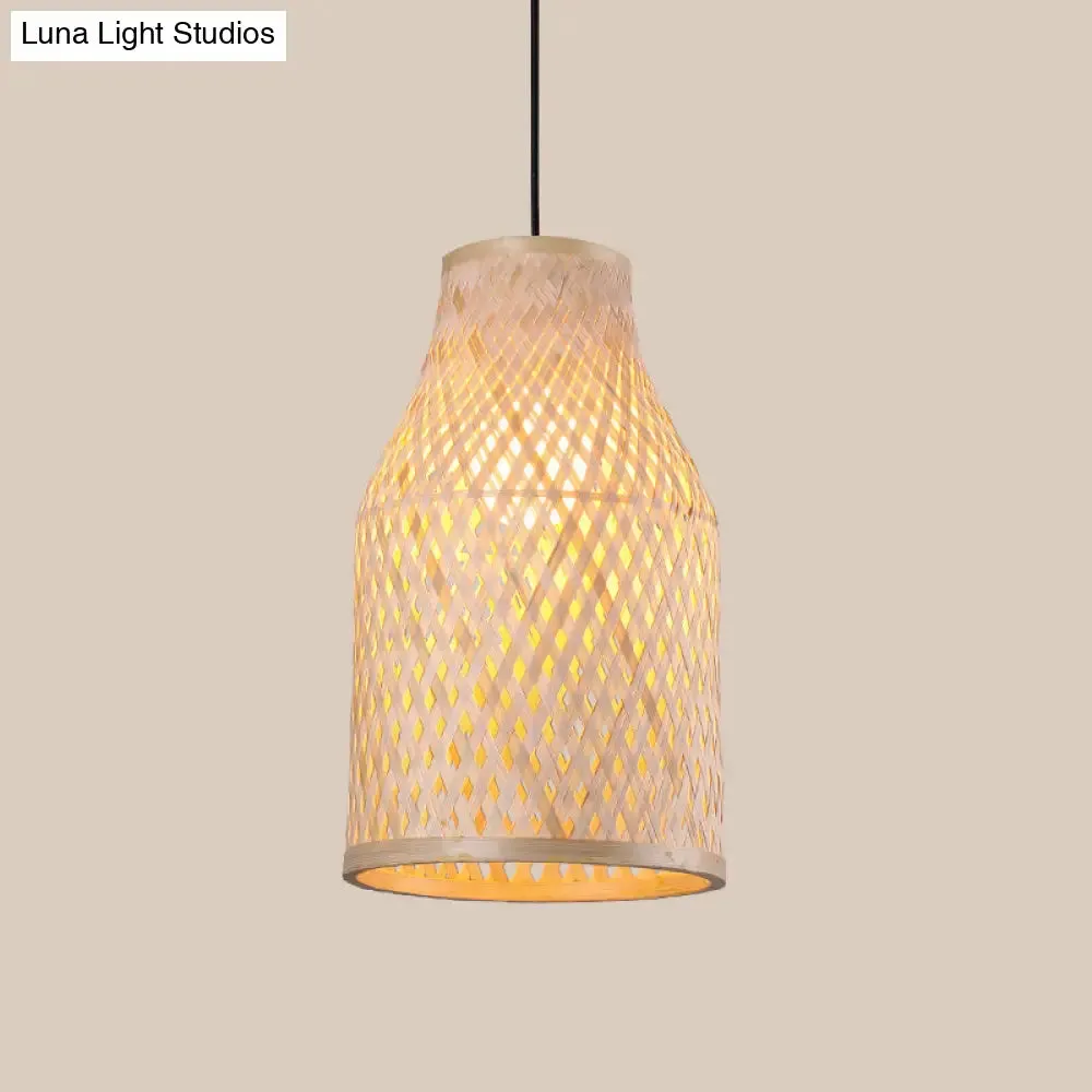 Asia Bamboo Pendant Lamp - 1-Light Beige Suspended Fixture for Dining Room