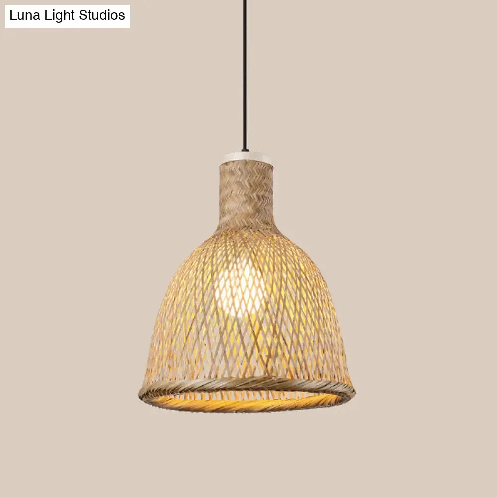 Asia Bamboo Pendant Lamp - 1-Light Beige Suspended Fixture for Dining Room