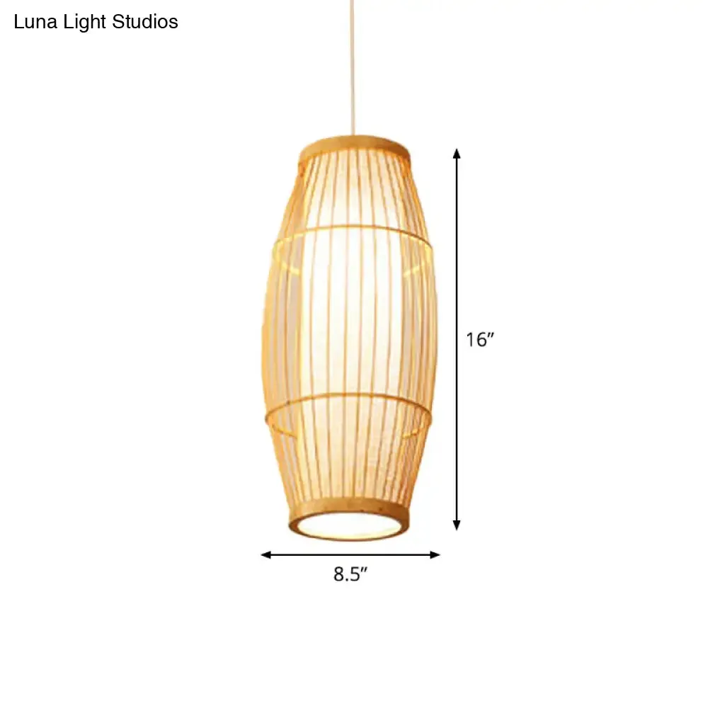 Asian Bamboo Hanging Pendant Light - Elliptical Design, Beige, 1 Bulb - Perfect for Living Room, Small/Medium/Large Ceiling