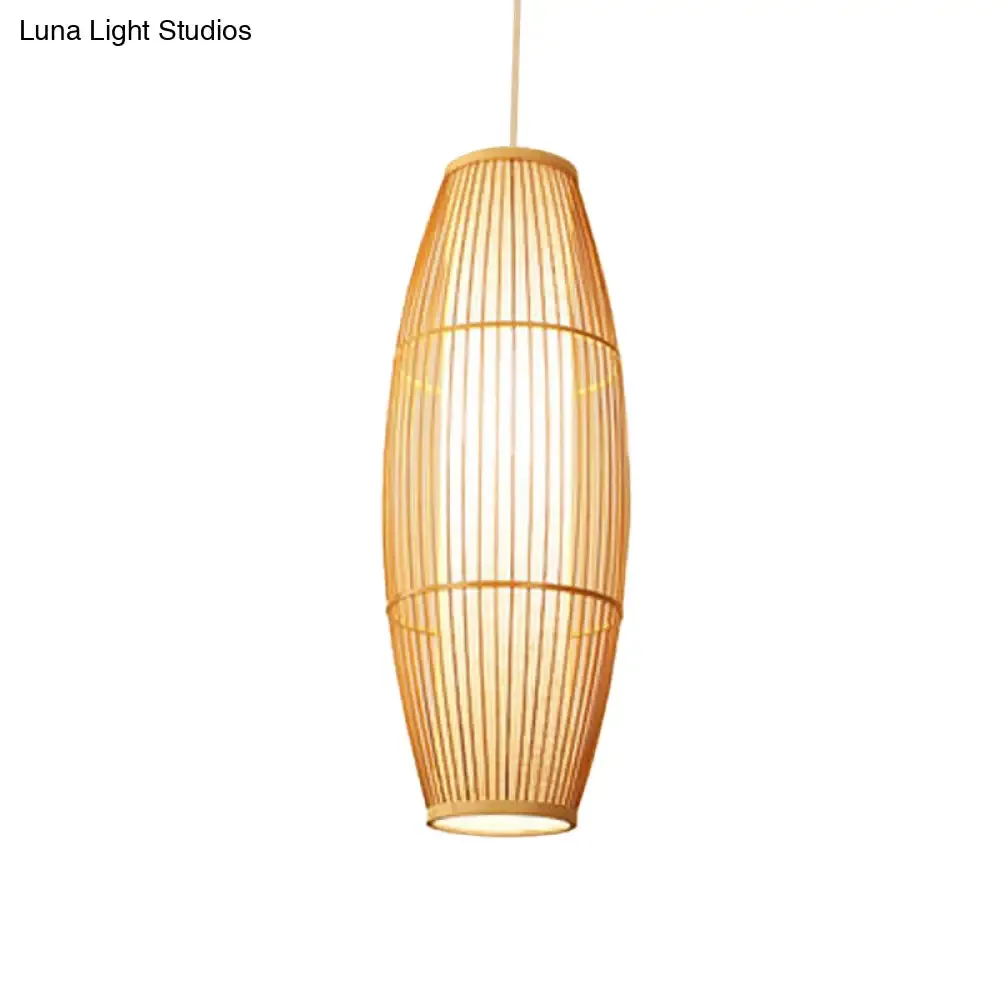 Asian Bamboo Hanging Pendant Light - Elliptical Design, Beige, 1 Bulb - Perfect for Living Room, Small/Medium/Large Ceiling