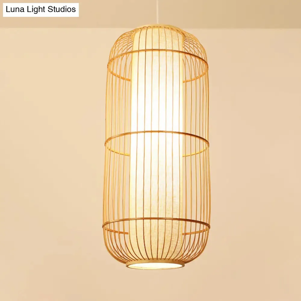 Asian Bamboo Hanging Pendant Light - Elliptical Design, Beige, 1 Bulb - Perfect for Living Room, Small/Medium/Large Ceiling