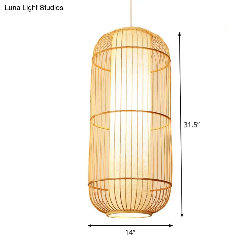 Asian Bamboo Hanging Pendant Light - Elliptical Design, Beige, 1 Bulb - Perfect for Living Room, Small/Medium/Large Ceiling