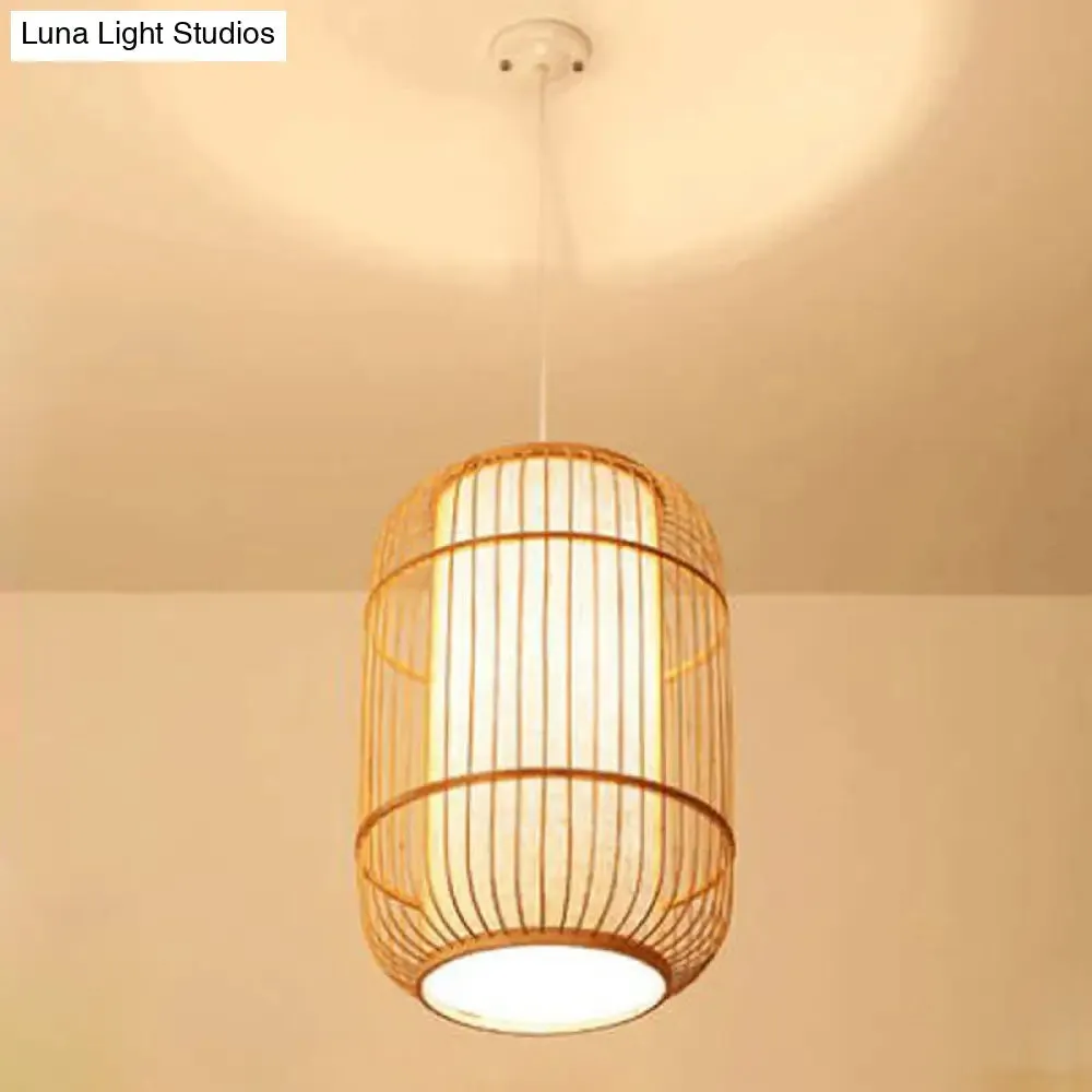 Asian Bamboo Hanging Pendant Light - Elliptical Design, Beige, 1 Bulb - Perfect for Living Room, Small/Medium/Large Ceiling