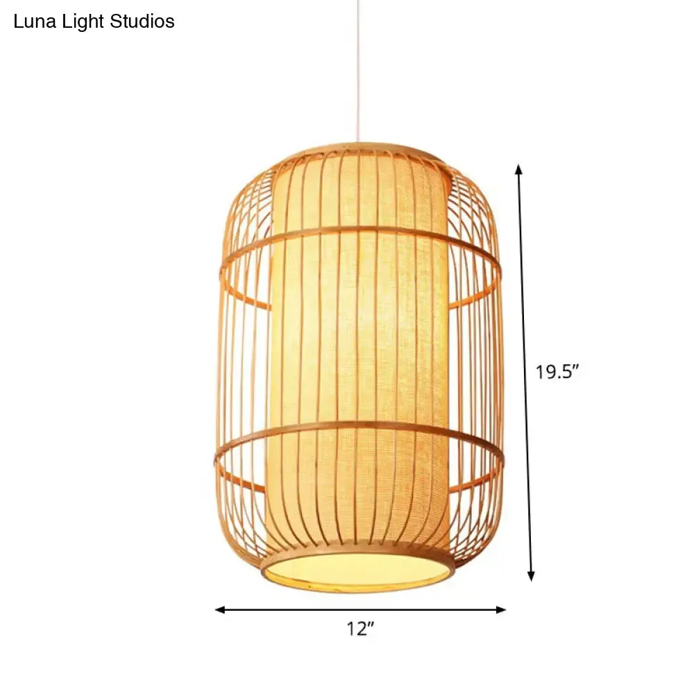 Asian Bamboo Hanging Pendant Light - Elliptical Design, Beige, 1 Bulb - Perfect for Living Room, Small/Medium/Large Ceiling