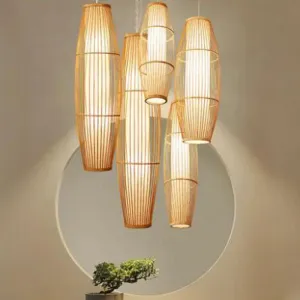 Asian Bamboo Hanging Pendant Light - Elliptical Design, Beige, 1 Bulb - Perfect for Living Room, Small/Medium/Large Ceiling