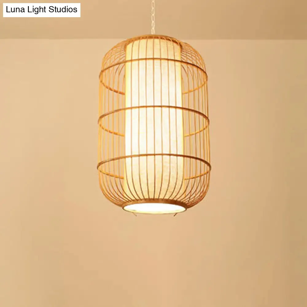 Asian Bamboo Hanging Pendant Light - Elliptical Design, Beige, 1 Bulb - Perfect for Living Room, Small/Medium/Large Ceiling