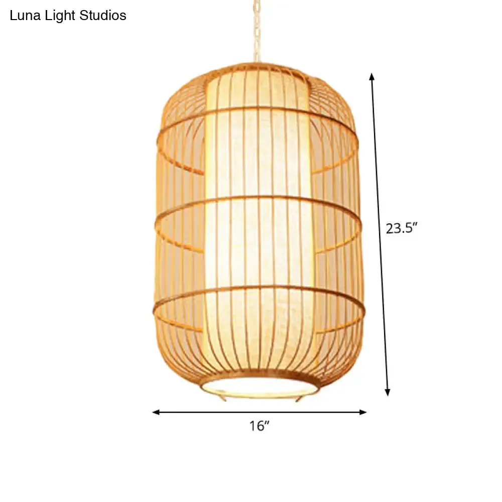 Asian Bamboo Hanging Pendant Light - Elliptical Design, Beige, 1 Bulb - Perfect for Living Room, Small/Medium/Large Ceiling