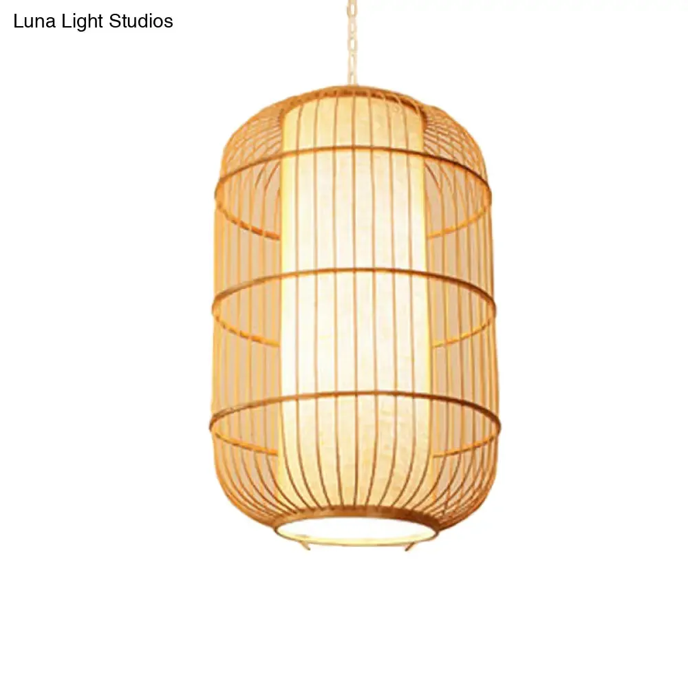 Asian Bamboo Hanging Pendant Light - Elliptical Design, Beige, 1 Bulb - Perfect for Living Room, Small/Medium/Large Ceiling