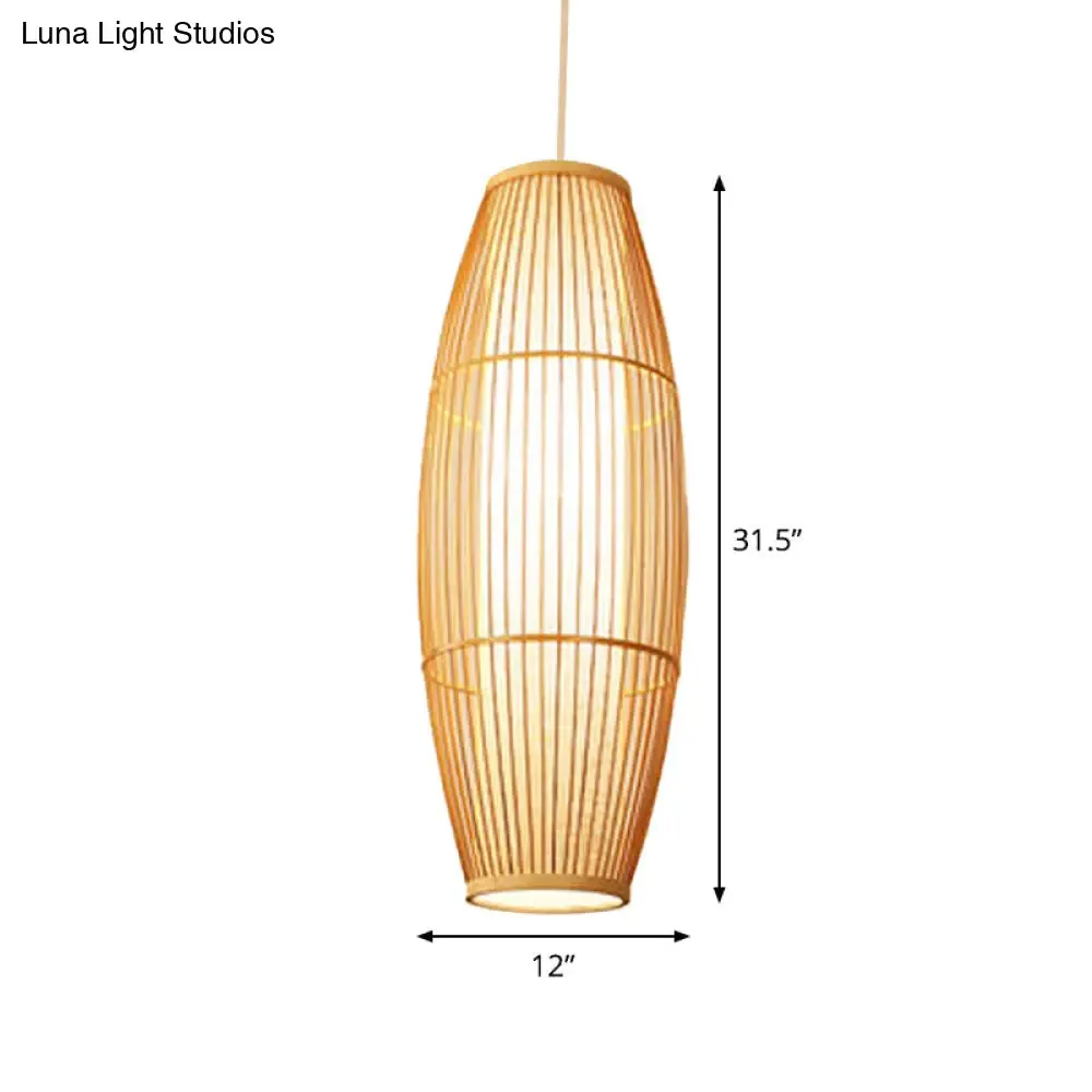 Asian Bamboo Hanging Pendant Light - Elliptical Design, Beige, 1 Bulb - Perfect for Living Room, Small/Medium/Large Ceiling