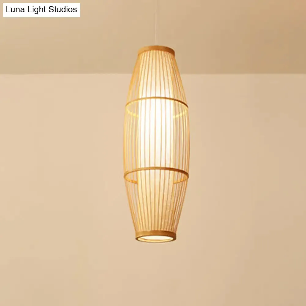 Asian Bamboo Hanging Pendant Light - Elliptical Design, Beige, 1 Bulb - Perfect for Living Room, Small/Medium/Large Ceiling