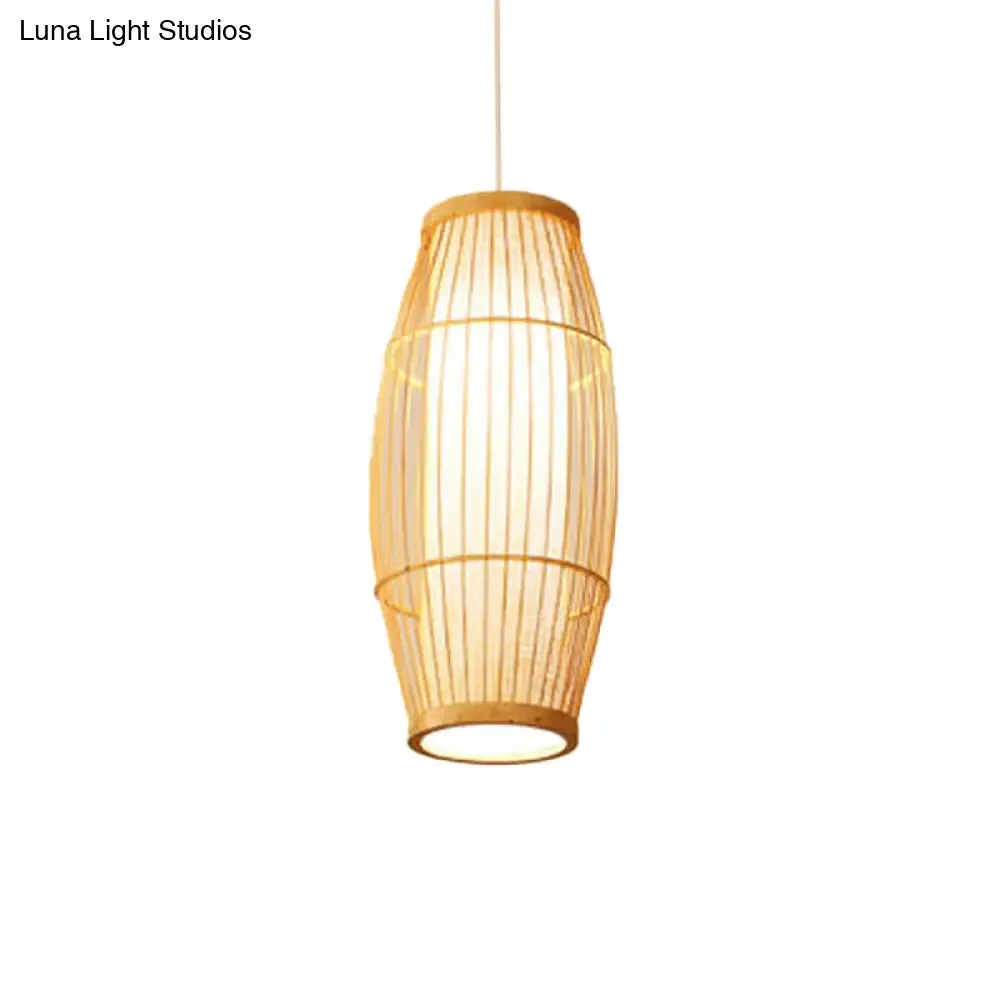 Asian Bamboo Hanging Pendant Light - Elliptical Design, Beige, 1 Bulb - Perfect for Living Room, Small/Medium/Large Ceiling