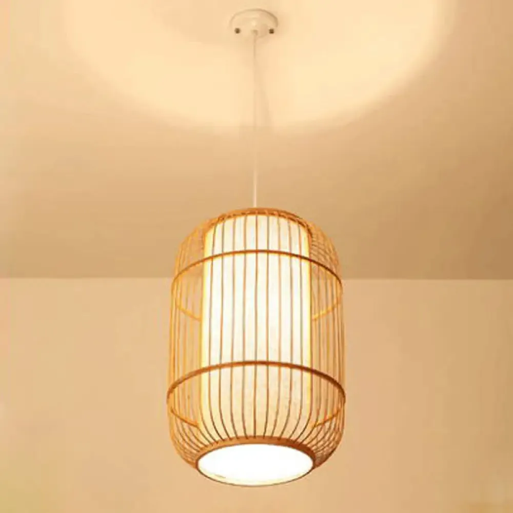 Asian Bamboo Hanging Pendant Light - Elliptical Design, Beige, 1 Bulb - Perfect for Living Room, Small/Medium/Large Ceiling