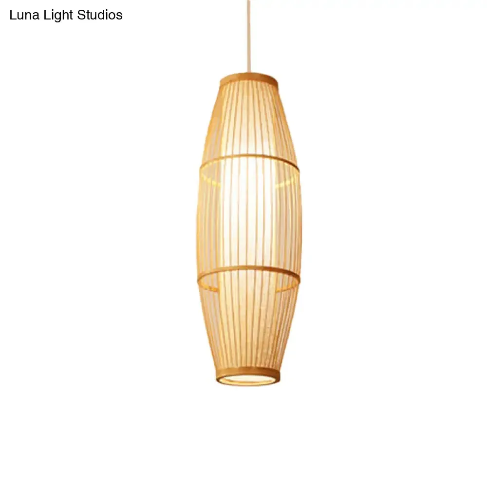 Asian Bamboo Hanging Pendant Light - Elliptical Design, Beige, 1 Bulb - Perfect for Living Room, Small/Medium/Large Ceiling