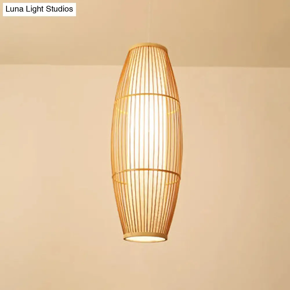 Asian Bamboo Hanging Pendant Light - Elliptical Design, Beige, 1 Bulb - Perfect for Living Room, Small/Medium/Large Ceiling