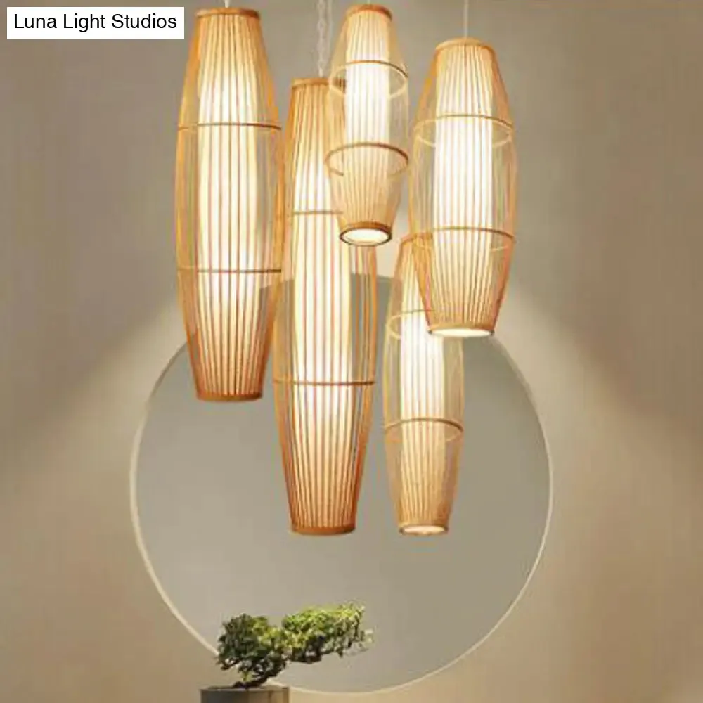 Asian Bamboo Hanging Pendant Light - Elliptical Design, Beige, 1 Bulb - Perfect for Living Room, Small/Medium/Large Ceiling