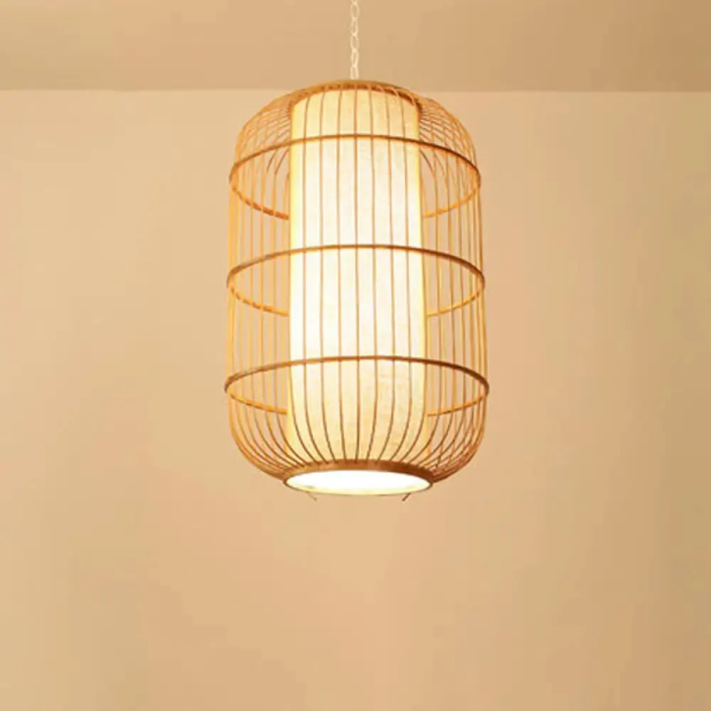 Asian Bamboo Hanging Pendant Light - Elliptical Design, Beige, 1 Bulb - Perfect for Living Room, Small/Medium/Large Ceiling