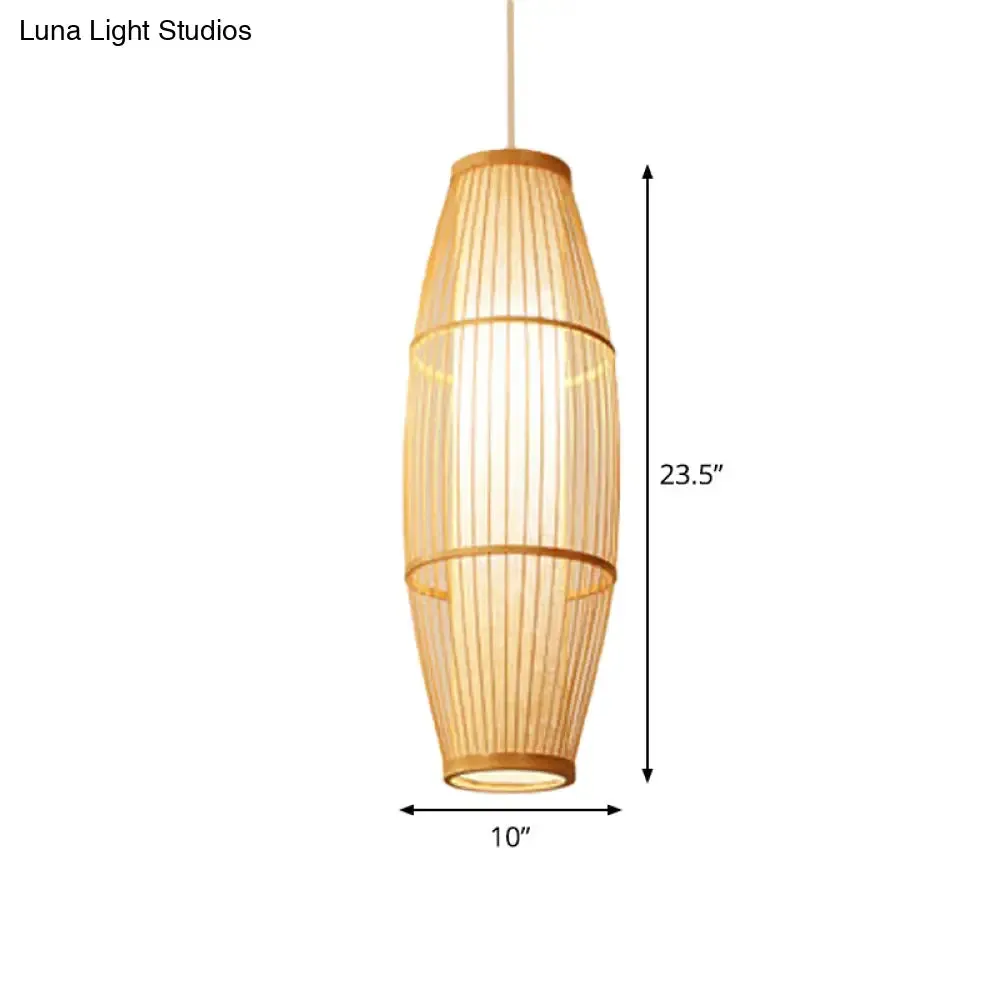 Asian Bamboo Hanging Pendant Light - Elliptical Design, Beige, 1 Bulb - Perfect for Living Room, Small/Medium/Large Ceiling