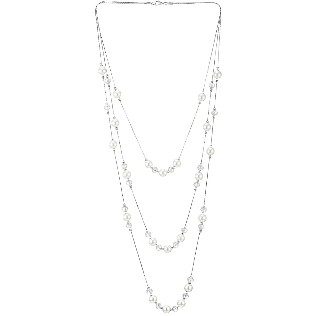 Beads Charms Statement Necklace Two-Strand Long Chains with White Pearls, Fashionable