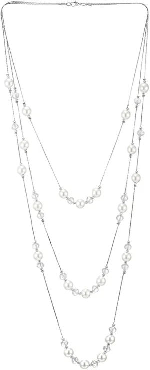 Beads Charms Statement Necklace Two-Strand Long Chains with White Pearls, Fashionable