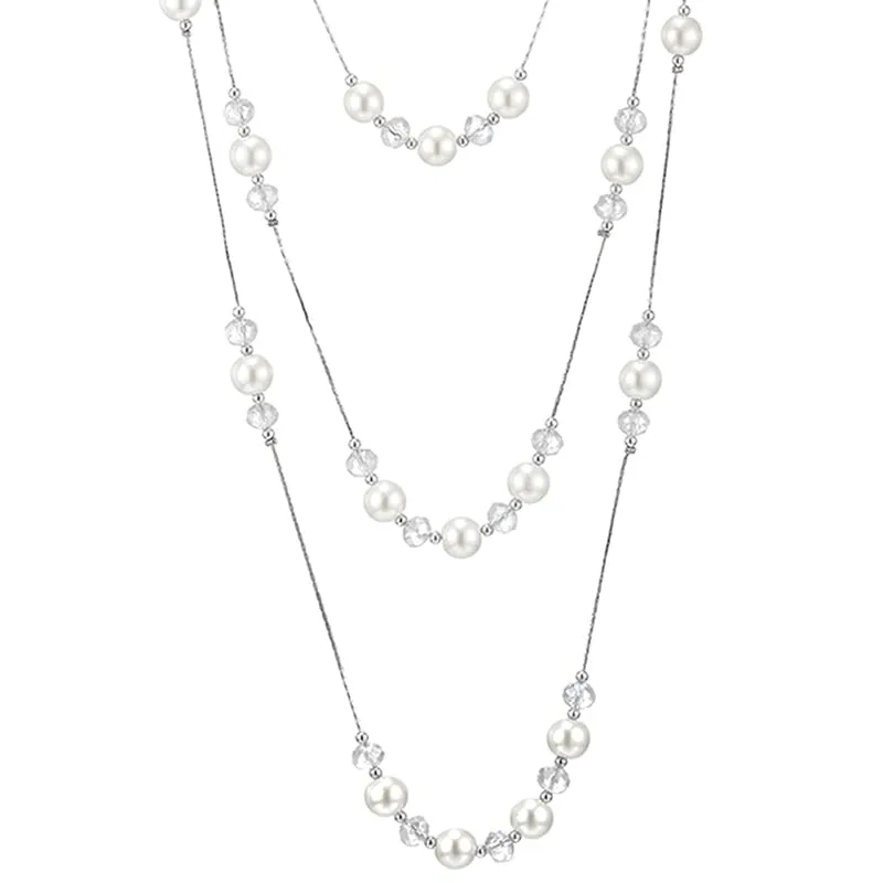 Beads Charms Statement Necklace Two-Strand Long Chains with White Pearls, Fashionable