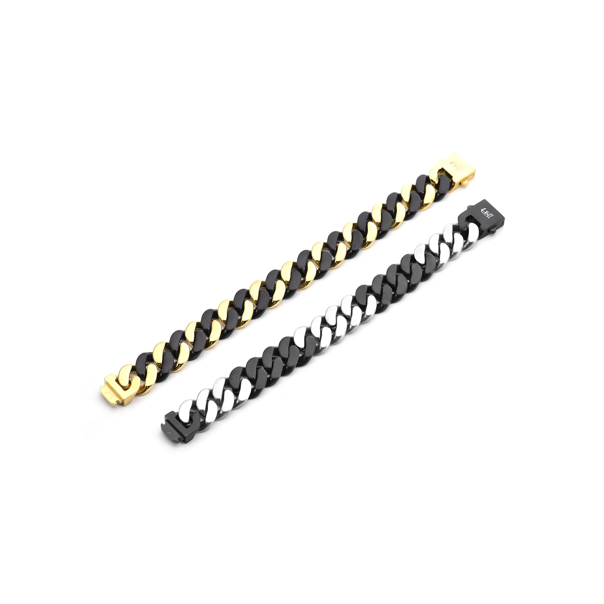 BG160BW B.Tiff High Polish 16mm 2 Tone Black & Stainless Steel Flat Cuban Link Bracelet