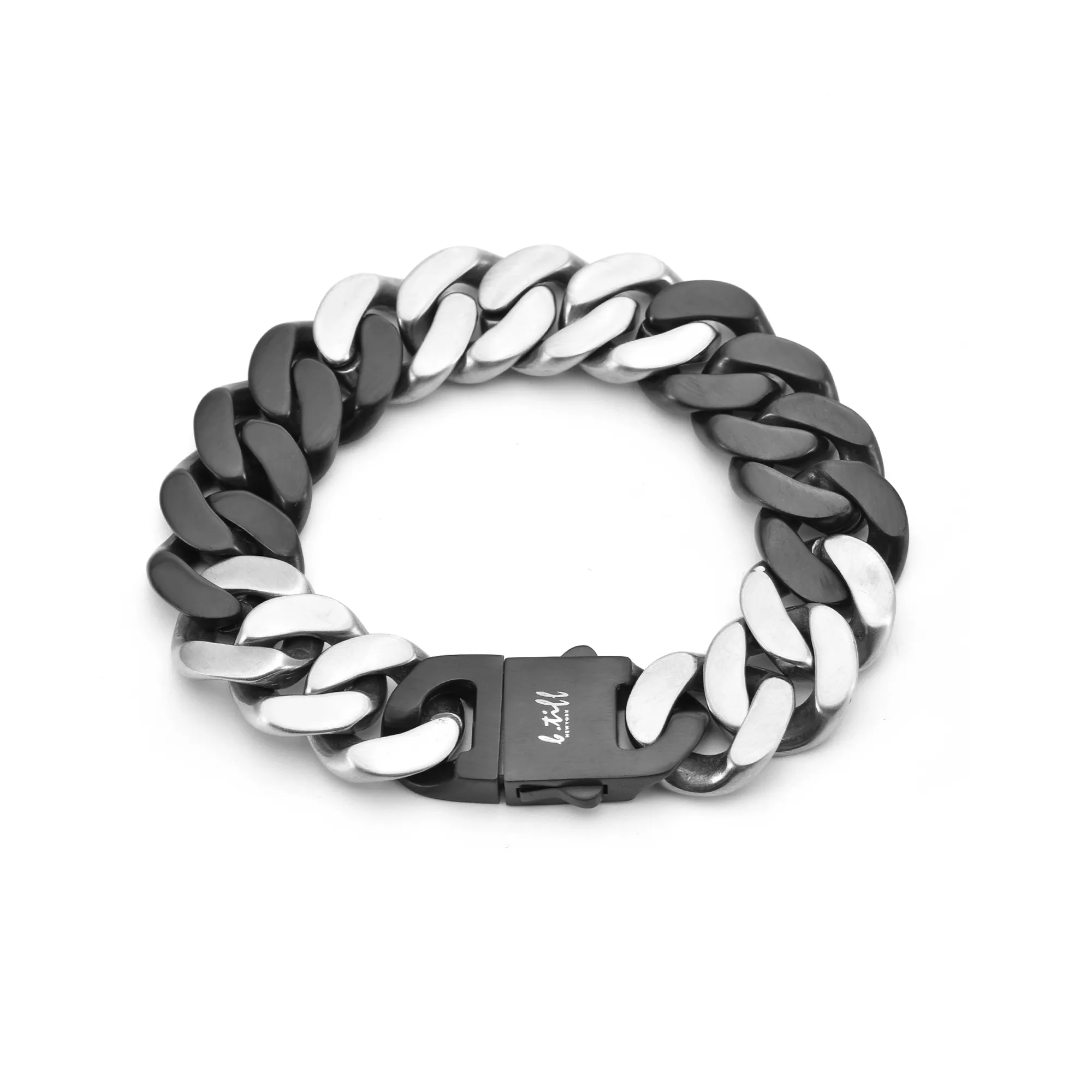 BG160BW B.Tiff High Polish 16mm 2 Tone Black & Stainless Steel Flat Cuban Link Bracelet