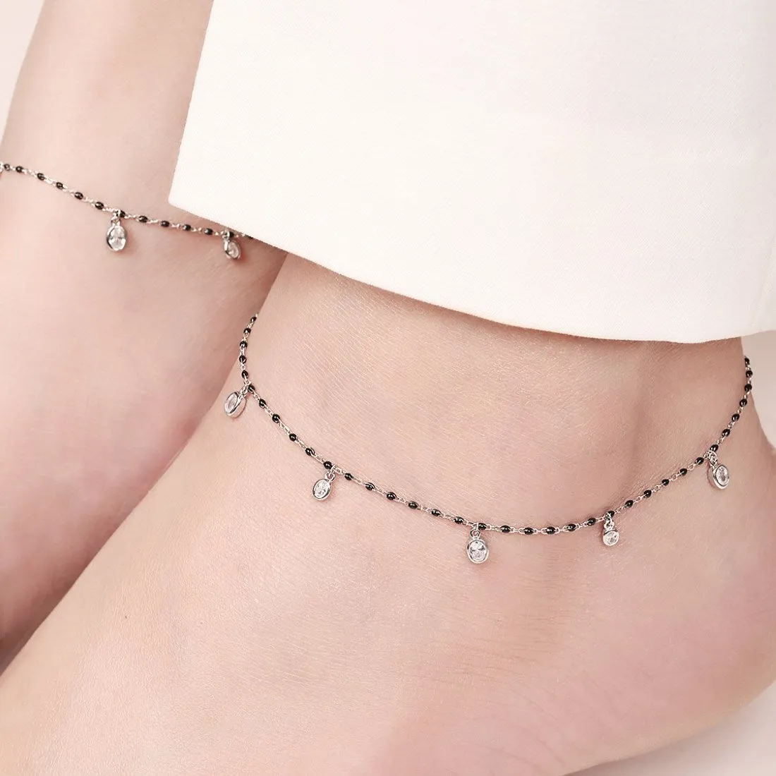 Black Beads CZ Rhodium Plated 925 Sterling Silver Anklet