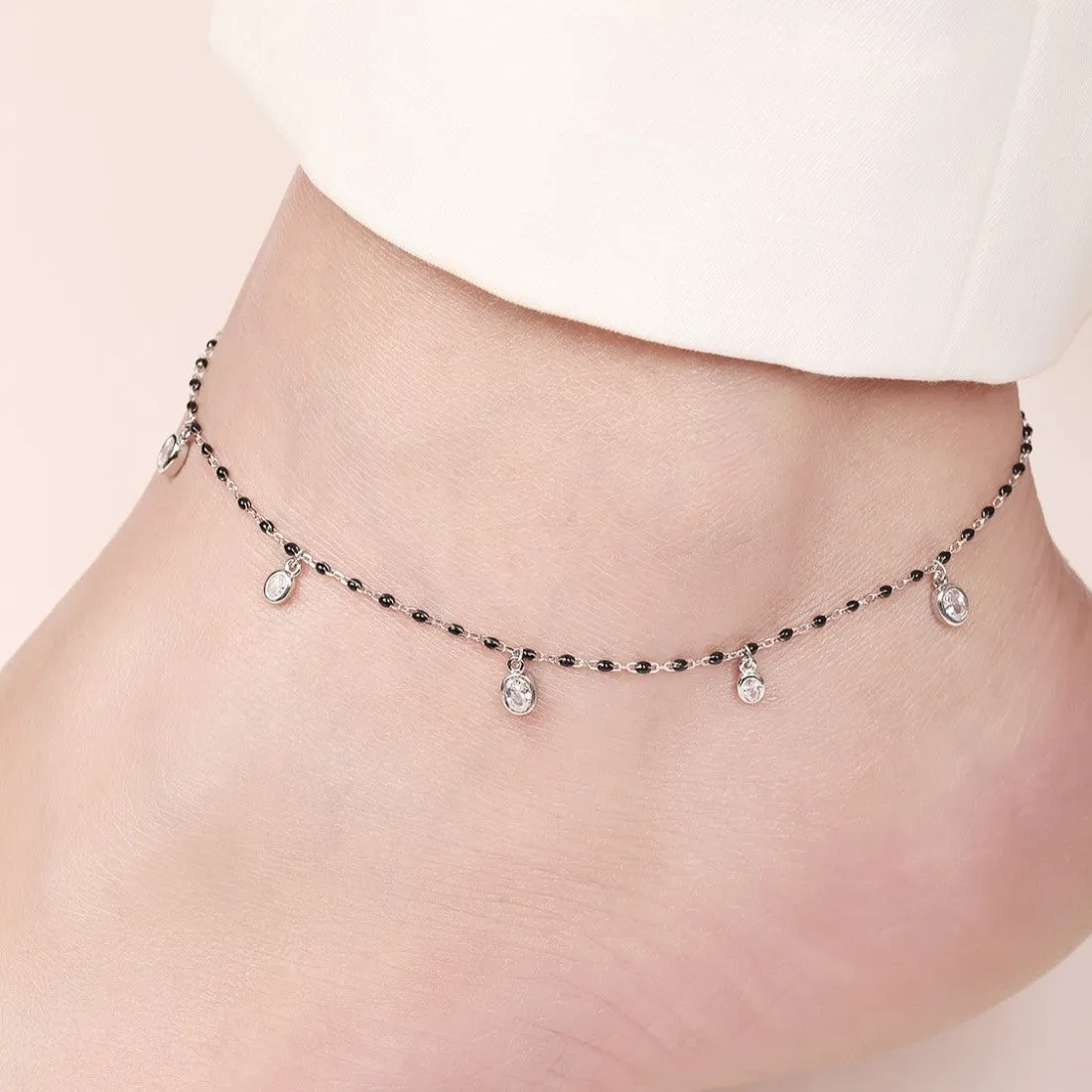 Black Beads CZ Rhodium Plated 925 Sterling Silver Anklet