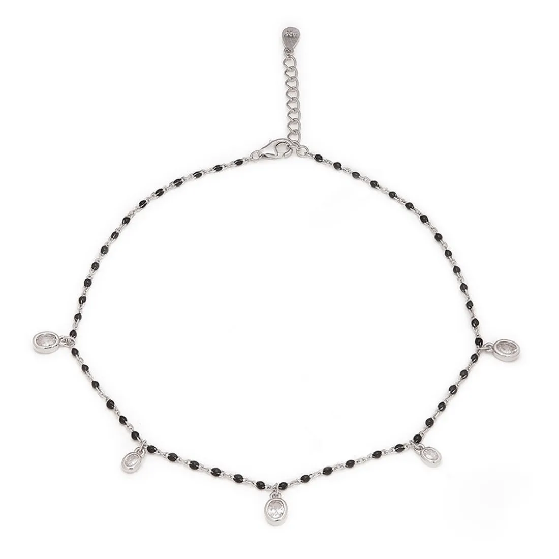 Black Beads CZ Rhodium Plated 925 Sterling Silver Anklet