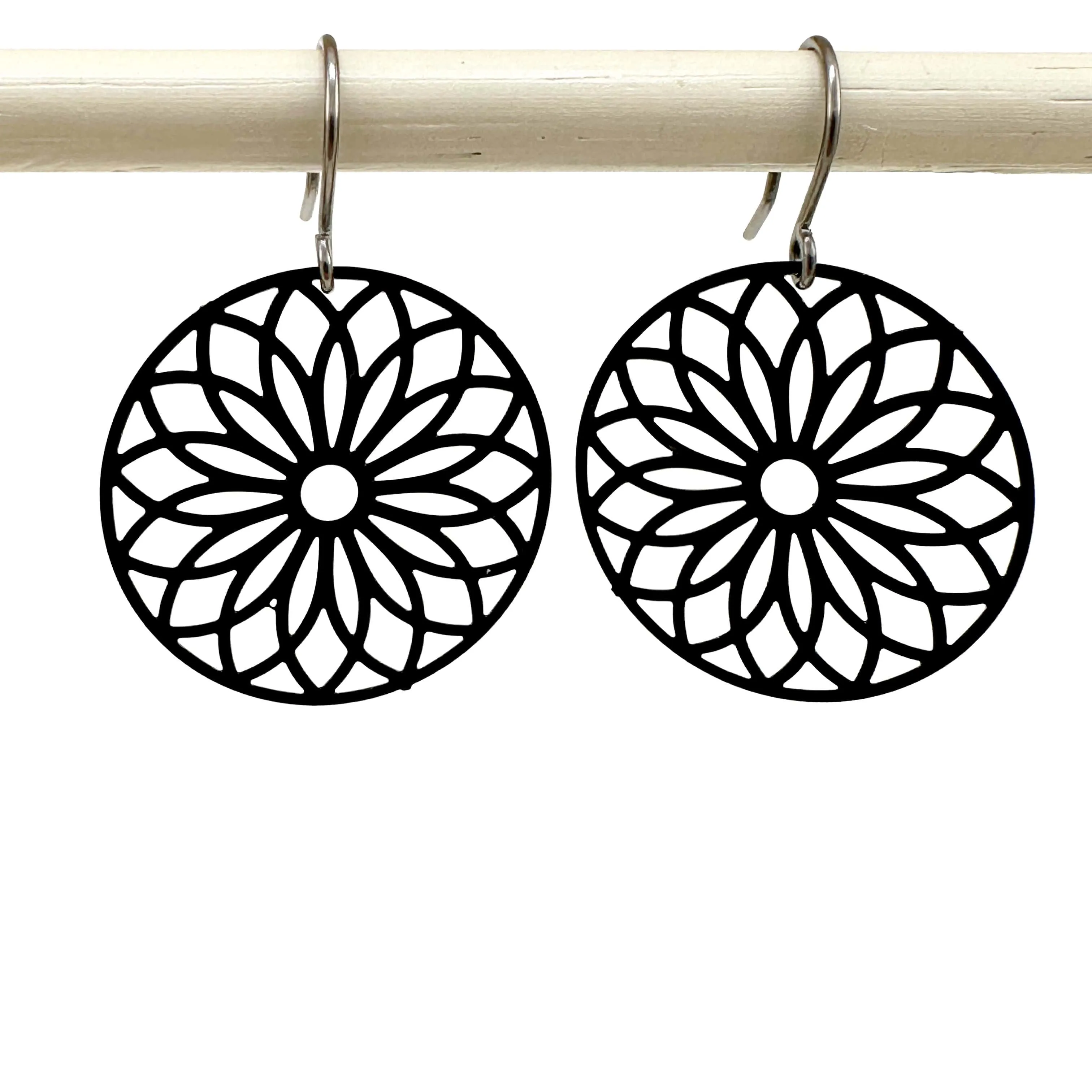 Black Flower Wheel Earrings