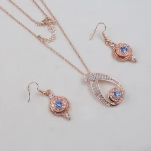 Blue Rhinestone & Rose Gold Pendant Necklace & Earrings