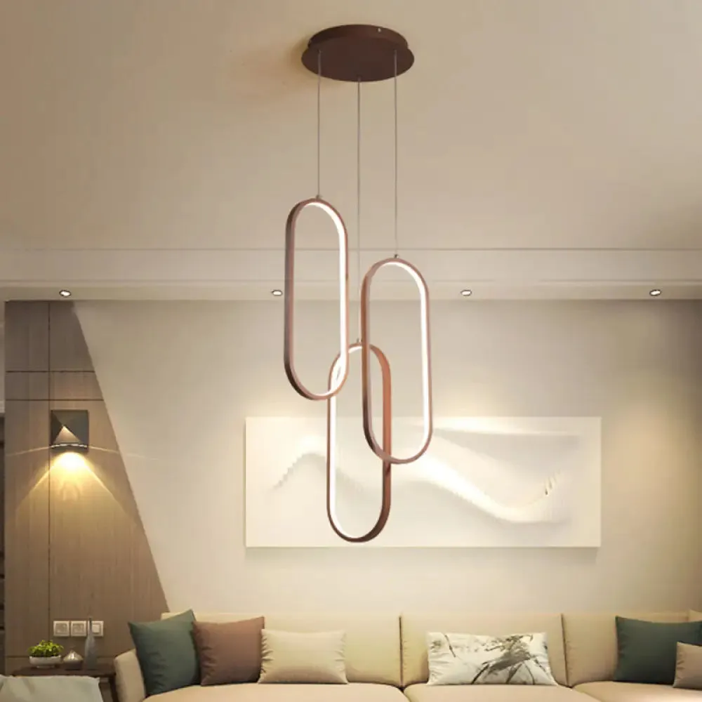 Brown Metal Oval Frame LED Pendant with Simple Style Down Lighting - Warm/White Light